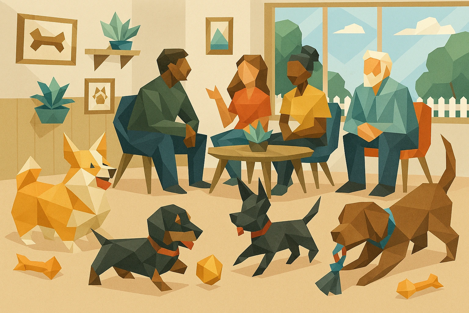 des chiens jouent ensemble et les maitres discutent autour d'un table